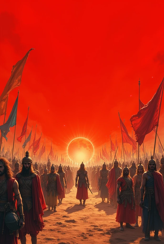 A picture of Mahabharata kuru shetra with red background and various icons related to Mahabharata