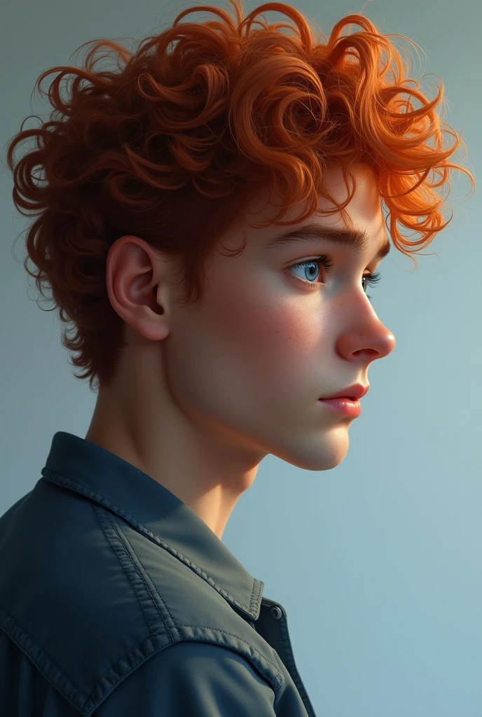Curly red haired guy with blue eyes. Standing in profile and looking at the screen. Realism.