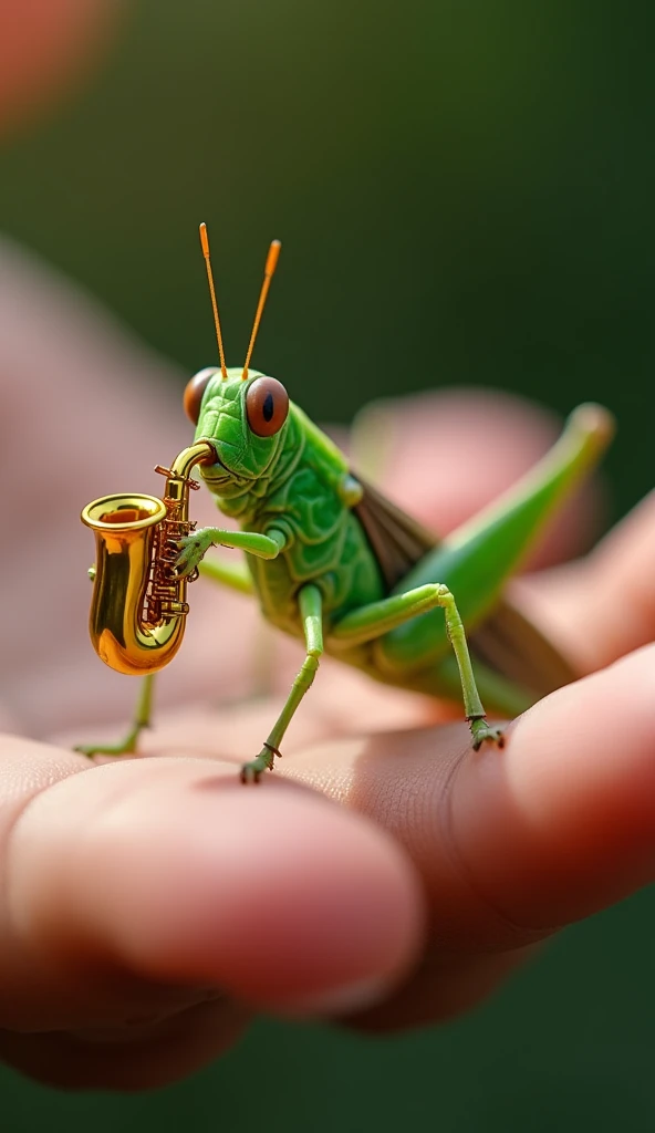 An ultra-realistic photograph of a green grasshopper standing on a human hand, holding a tiny saxophone in its mouth. The grasshopper's body is detailed with vibrant green hues, intricate wings, and antennae. The saxophone is gripped delicately by the grasshopper’s mouth, as it appears to be playing. The hand is textured with visible skin pores and slight wrinkles, carefully supporting the grasshopper. The background is softly blurred to draw attention to the subject, with natural, soft lighting enhancing the scene. Captured with a macro lens for high detail, shallow depth of field, high-definition quality