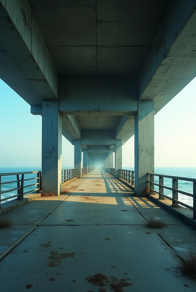 make a big bridge that is above the ocean, it is a basic concrete bridge, sem muitos detalhes, as if it were even old, It is big going to the horizon, you can see the sunlight entering it, make the image as if you were inside that bridge, remembering that it has a ceiling and a floor