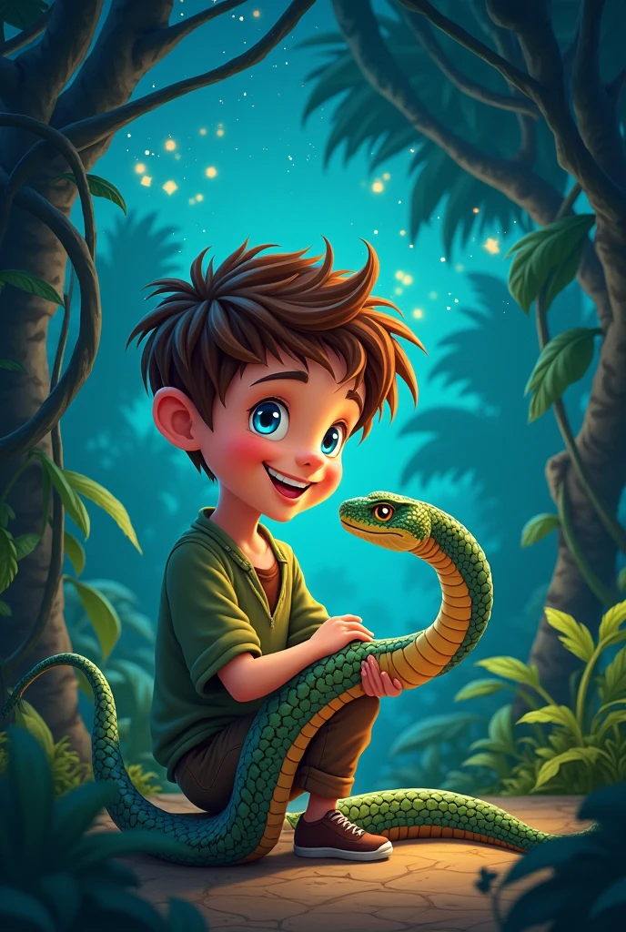 A boy with brown hair and blue eyes, Happy boy playing with a poisonous snake in a tropical jungle with starry sky 