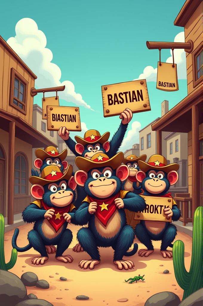 Create an image of some monkeys with wanted posters with the name Bastian
