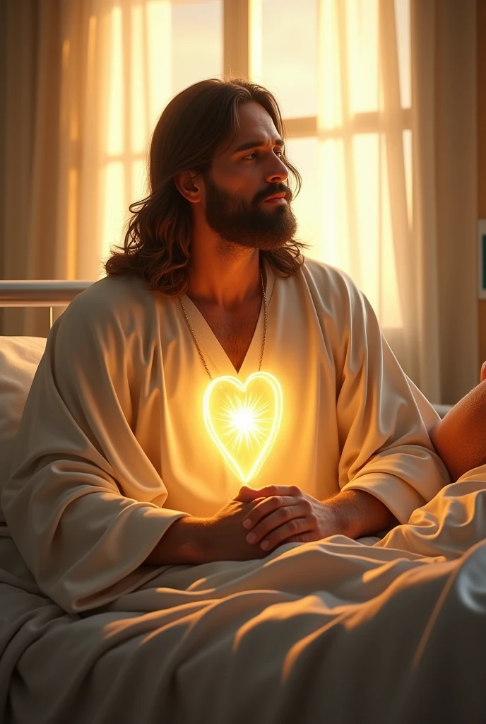 (photorealism:1.2), Handsome Jesus Christ, sitting on bed on sickness person holding his hand, the light of his head and heart is sparkling all over, wearing the white color of beautiful king clothes, the light in his head and heart is sparkling, nice hair, indoors, soft lighting, hospital of bed ridden in the background, window with sunlight, cozy room, relaxed pose, realistic, intricate details, warm colors,