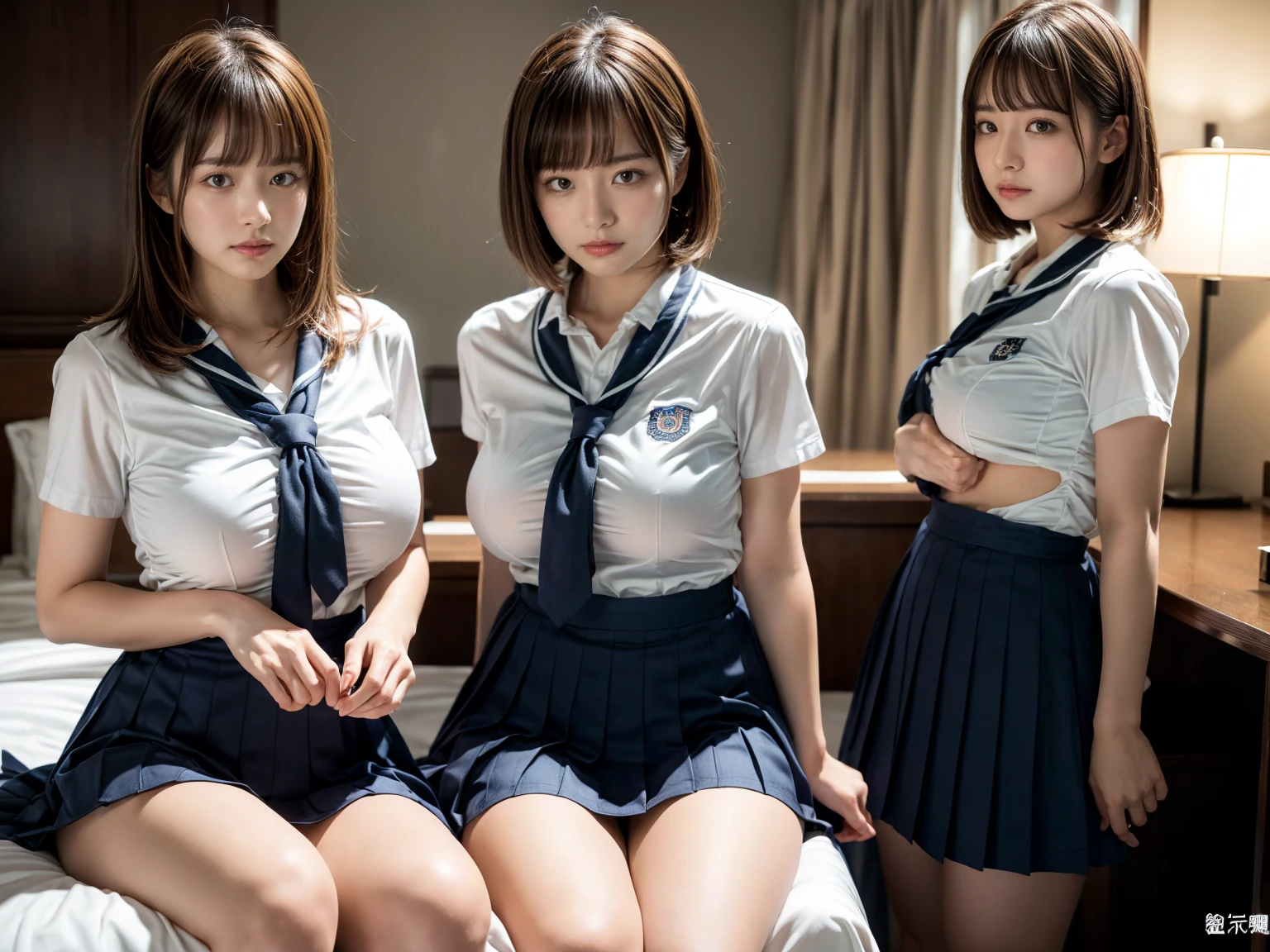 (RAW photo, 4k, masterpiece, high resolution, extremely complex) (realistic: 1.4), cinematic lighting
((2 girls, 2 schoolgirls)),Slam Dunk's,blushing,((innocent)),(Dark makeup),bright eyes,round eyes,blunt bangs,(short bob hair:1.3),black hair,large breasts,wide hips,Summer Noon, ,Hot, (Best Quality), (Highres), (an Extremely Delicate and Beautiful),(Beautiful 8k face),(Brown eyes),short bob hair,( spectators),(gigantic breasts),(Play with each other,Touching each other's bodies,Touching the body),(Japanese high school uniform:1.3),blue skirt,(reality),bright lighting,(The background is a luxury hotel room)