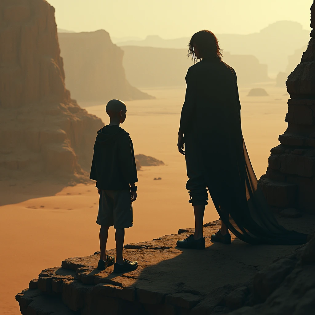 2 age boys one with bald head other with long hair in shadow form. A cliff. Desert