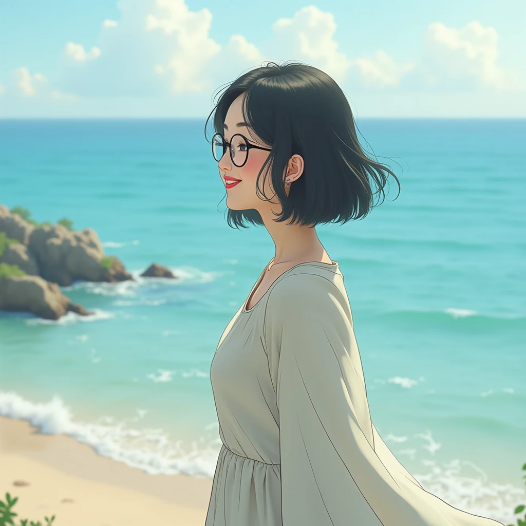 The background is the sea、Wearing a dress、Natural atmosphere、Round glasses、woman、Hair is medium、Smiling in profile