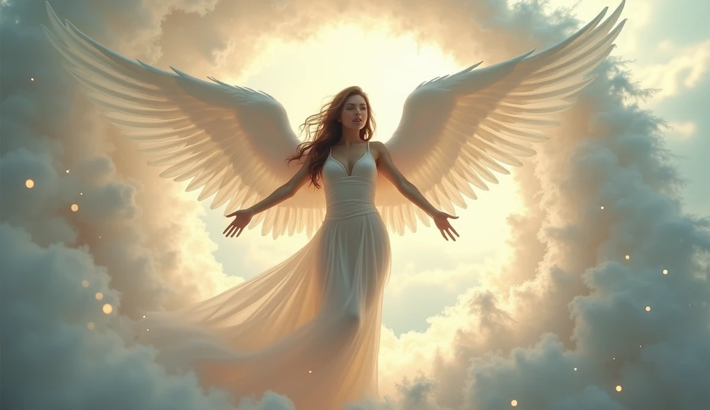 Amidst a flurry of white feathers, a sexy and mysterious angel floats with her large wings spread wide. Her attire is a translucent gown with high exposure, showcasing her ethereal beauty. The background is filled with clouds, and a distant golden light filters through the mystical sky. The angel's eyes shine with a gentle glow, captivating all who gaze upon her. Small stars twinkle around her, enhancing the enchanting and otherworldly ambiance. Aim for realistic depiction, make sure photos are at highest resolution (8K)