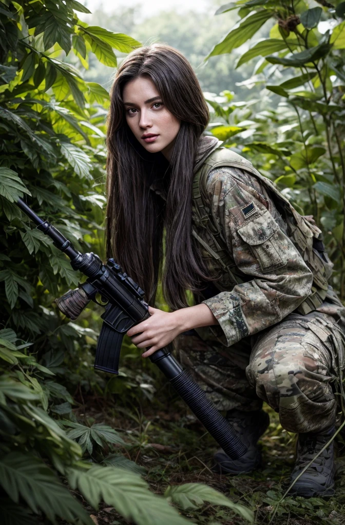 4K image of female sniper hiding in leaves., Wear a ghillie suit., Wear a sniper style camouflage uniform. ,Dark color, Masterpiece, Soft lighting and atmosphere, (god rays)
