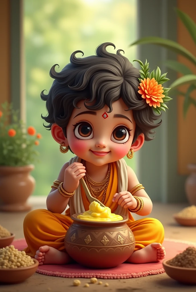 Little kanha ji eating makhan from the matka with cute face