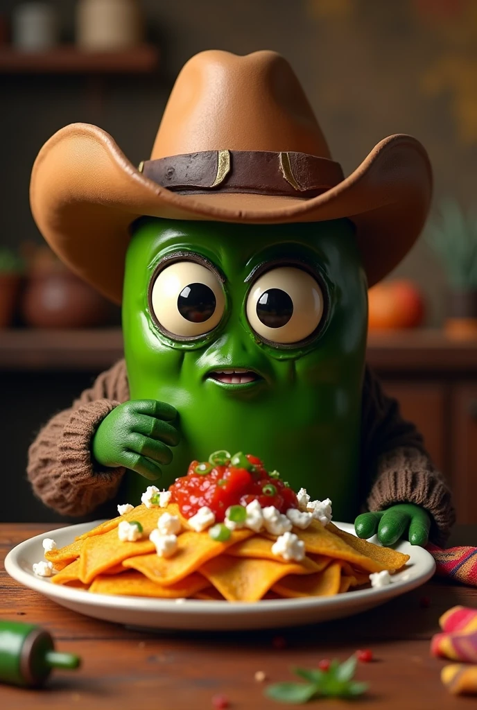 Jalapeño pepper with green eyes, pink skin, wearing a cowboy hat and tasting chilaquiles