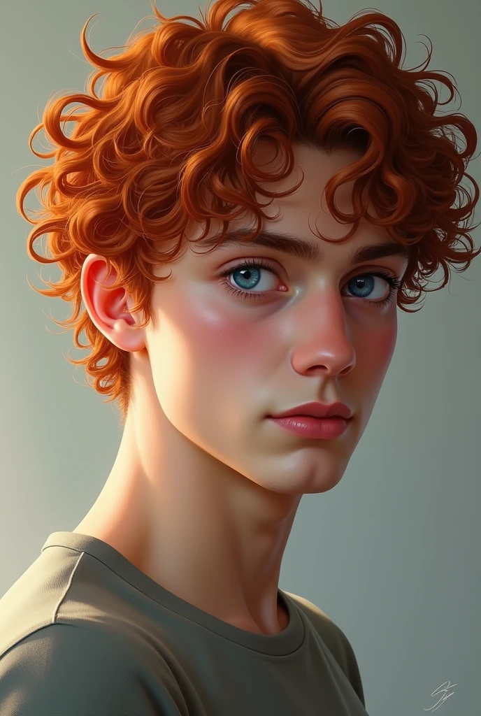 Curly red haired guy with blue eyes. Standing in profile and looking at the camera. Realism.