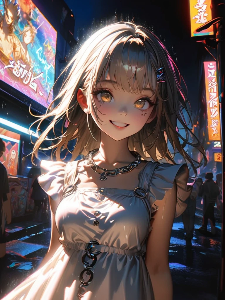 1 person, chromatic aberration, Written boundary depth, Soft Light, masterpiece, Highest quality, complicated, Tone Mapping, A place where fireworks are set off at festivals. Concept Art, Smooth, Clear focus, Dramatic lighting, Very cinematic, super practical painting, アートステーション's trending, 8k, Incredible Shadows, practical, whole body, View, Viewers, Portrait of a Girl 1, standing on street corner, Heavy rain and lightning、Dark Sky, neon and cyber punk background, she is dressed in punk clothing with silver chains and silver spikes, Her hair was dyed light brown......................Ominous aura of light, smile, punk, ciber punk, Backlight.Fashionable clothes、Friendly dress code: wearing cute white dress.My breasts are a little big