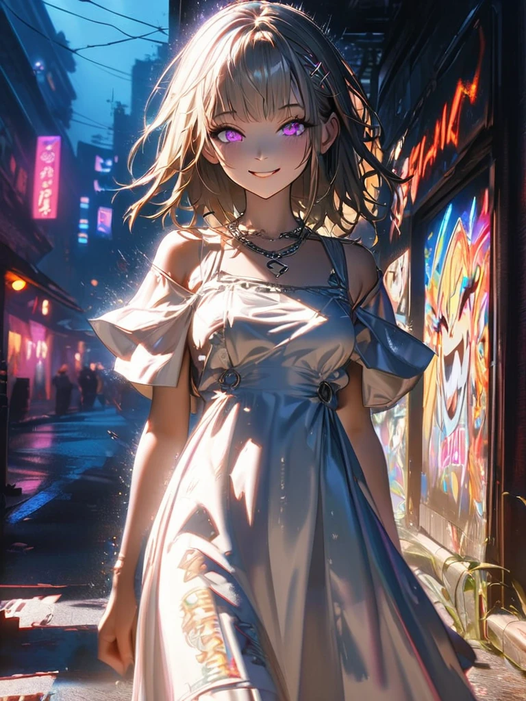 1 person, chromatic aberration, Written boundary depth, Soft Light, masterpiece, Highest quality, complicated, Tone Mapping, A place where fireworks are set off at festivals. Concept Art, Smooth, Clear focus, Dramatic lighting, Very cinematic, super practical painting, アートステーション's trending, 8k, Incredible Shadows, practical, whole body, View, Viewers, Portrait of a Girl 1, standing on street corner, Heavy rain and lightning、Dark Sky, neon and cyber punk background, she is dressed in punk clothing with silver chains and silver spikes, Her hair was dyed light brown......................Ominous aura of light, smile, punk, ciber punk, Backlight.Fashionable clothes、Friendly dress code: wearing cute white dress.My breasts are a little big