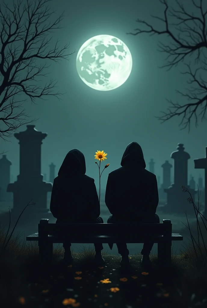Two shadows sitting on a bench watching a yellow flower in the middle of a cemetery, at night with the full moon in the background, that it looks dark and in the distance