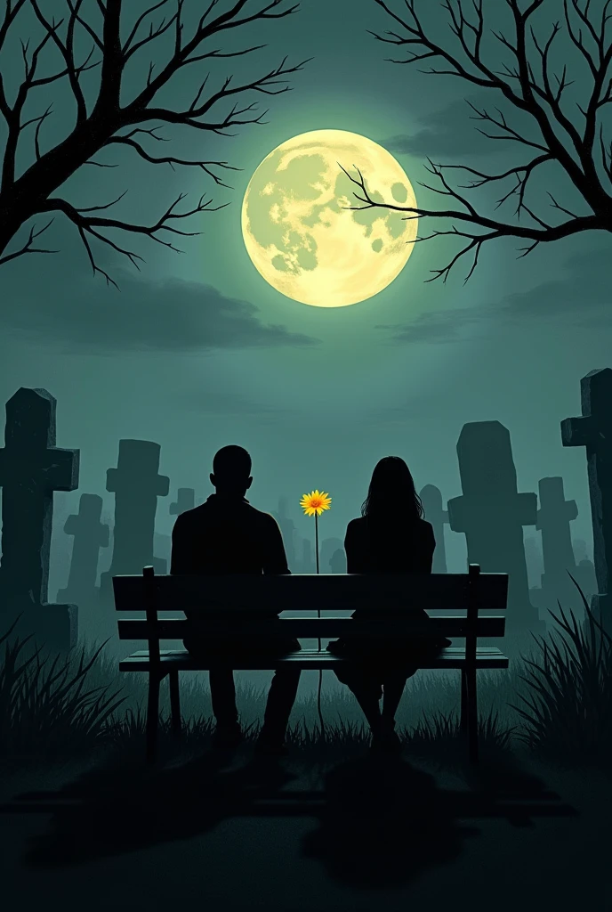 Two shadows sitting on a bench watching a yellow flower in the middle of a cemetery, at night with the full moon in the background, that it looks dark and in the distance