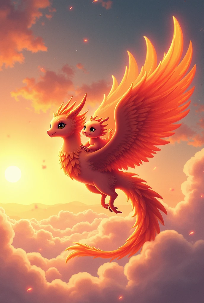 Wing characteristics、The legendary visual phoenix with its stylish color and stylish aura、Flying majestically in the sky。
A cute mini dragon with an adorable smile、She is riding cutely on top of a Phoenix.（Straddle）。
The scenery has a bright and hopeful atmosphere of infinity.、It spreads out in the atmospheric sunset sky.。
A beautiful composition with a three-dimensional horizontal angle.。
Please make a dynamic ukiyo-e illustration with a happy smile.。
best artworks.
