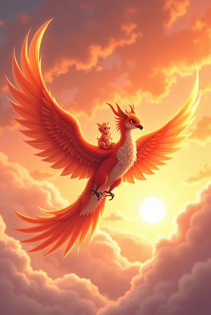 Wing characteristics、The legendary visual phoenix with its stylish color and stylish aura、Flying majestically in the sky。
A cute mini dragon with an adorable smile、She is riding cutely on top of a Phoenix.(Straddle)。
The scenery has a bright and hopeful atmosphere of infinity.、It spreads out in the atmospheric sunset sky.。
A beautiful composition with a three-dimensional horizontal angle.。
Please make a dynamic ukiyo-e illustration with a happy smile.。
best artworks.