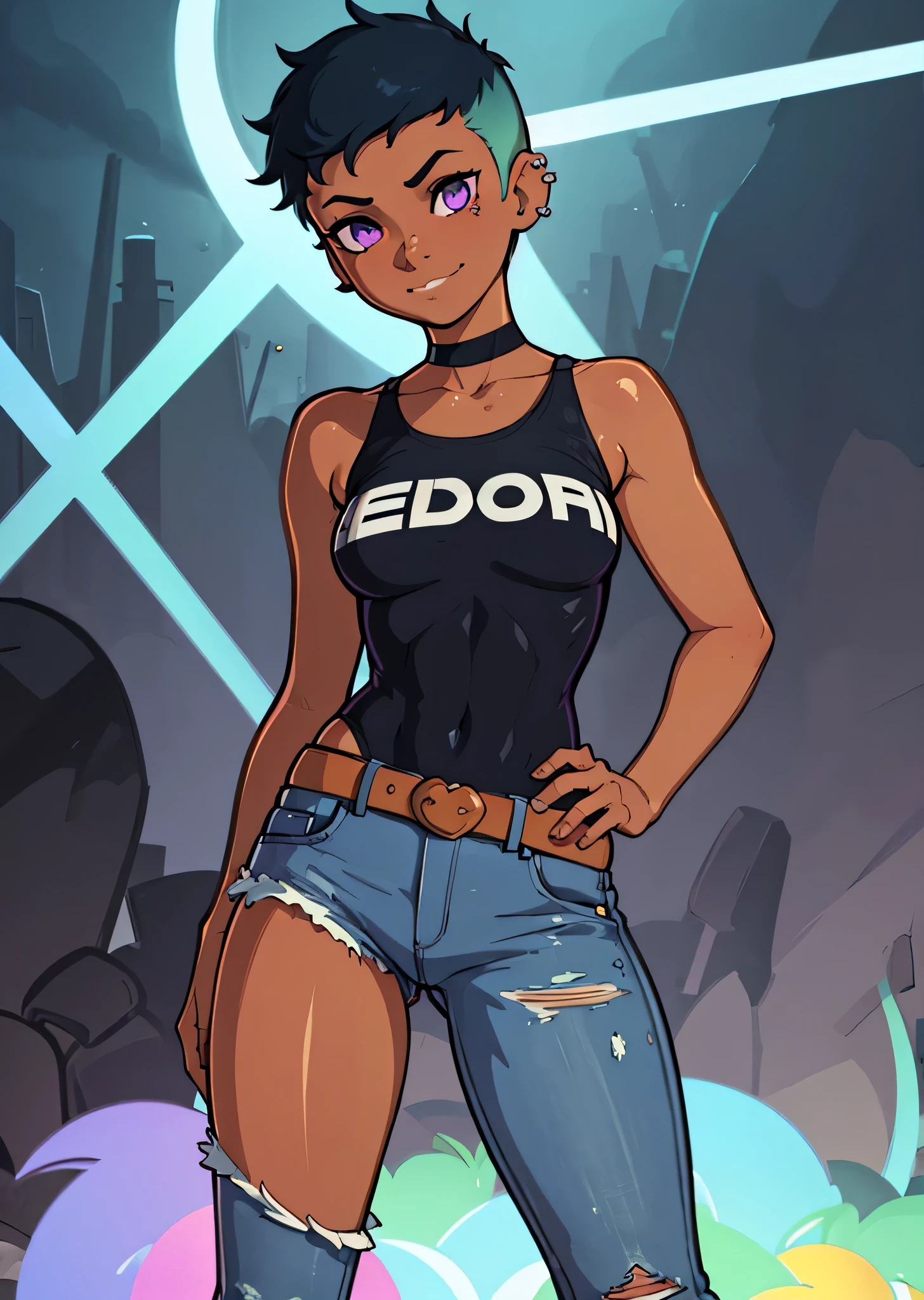 [riley_fairfeather], ((masterpiece)), ((High res)), ((HD)), ((solo portrait)), ((cute cartoon aesthetic)), ((detailed cel shading)), ((waist up)), ((front view)), {(attractive athletic figure), (dark skin), (cute purple eyes), (short hair), (two-toned hair), (gradient hair), (curvy hips), (toned figure), (beautiful legs), (cute grin)}, {(black leotard), (hips exposed), (low-rise ripped jeans), (ear piercings)}, {(Standing), (looking at viewer)}, [ambient lighting, skate park]