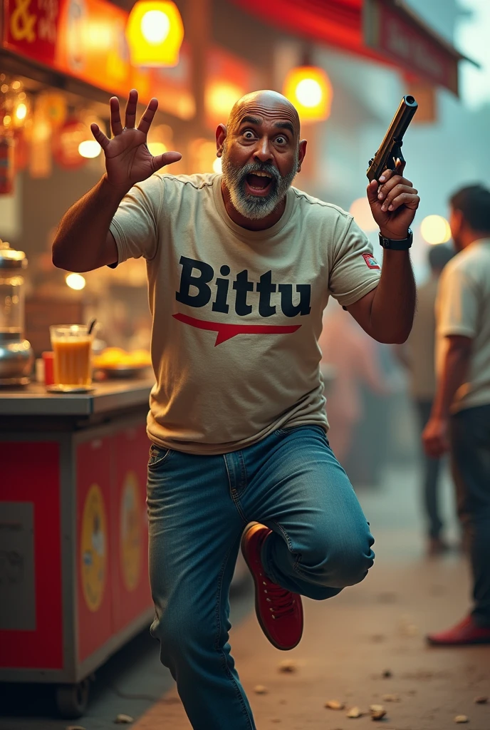 A 30 years old man , no hear on head ,man is bald , wear a lower , a t half t shirt , hand in steal ring , eyes big , t shirt on writing bold name "BITTU" , , red shoes , a watch , counting , one leg jump, smile , stand at tea stall , very laughing , hand in gun fire to dolly chaye wala