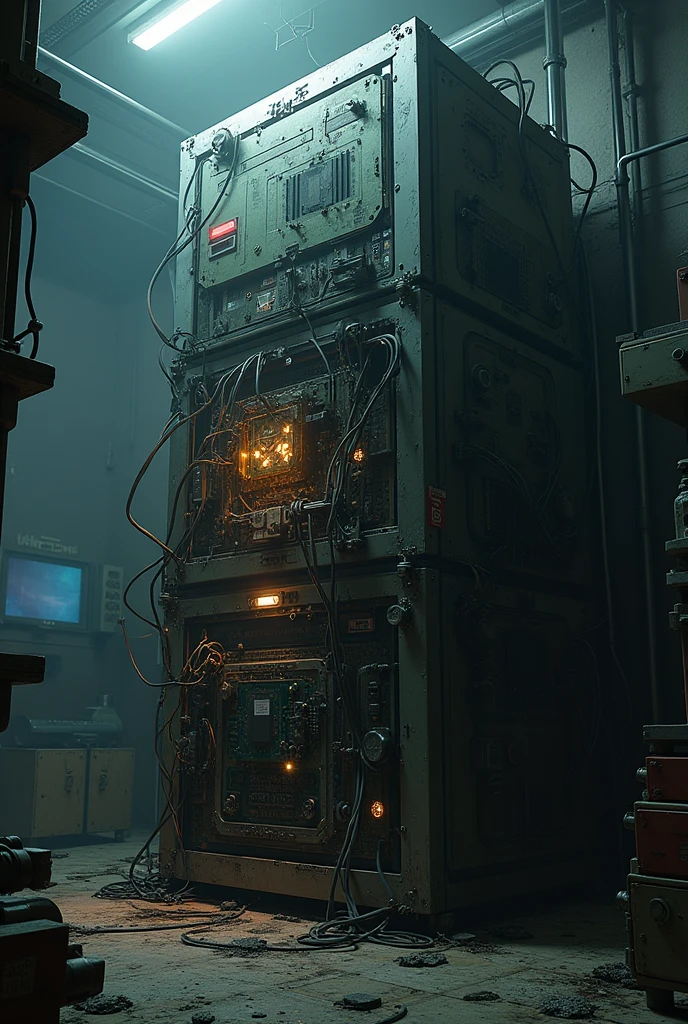 a super computer gaining conscience, scary, broken, wires loose