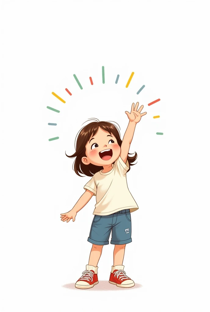 Kizi, about 8 years, celebrating with one arm raised, brown hair and eyes, centering your celebration and happiness. white background. drawing style , art in lines, 2d.
