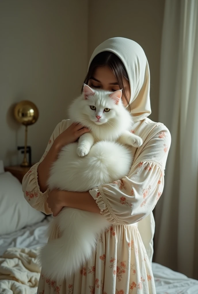 A woman holding a white cat in hand standing in her bed room not showing face wearing a head kerchief wearing a floral dress hiding her face behind the cat fare skin