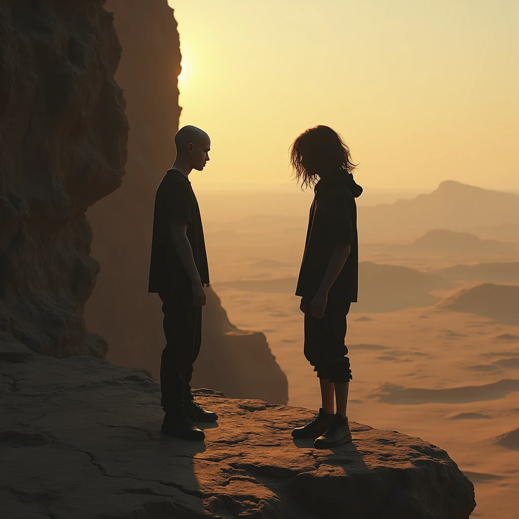 2 teenage boys one with bald head other with long hair in shadow form. A cliff. Desert