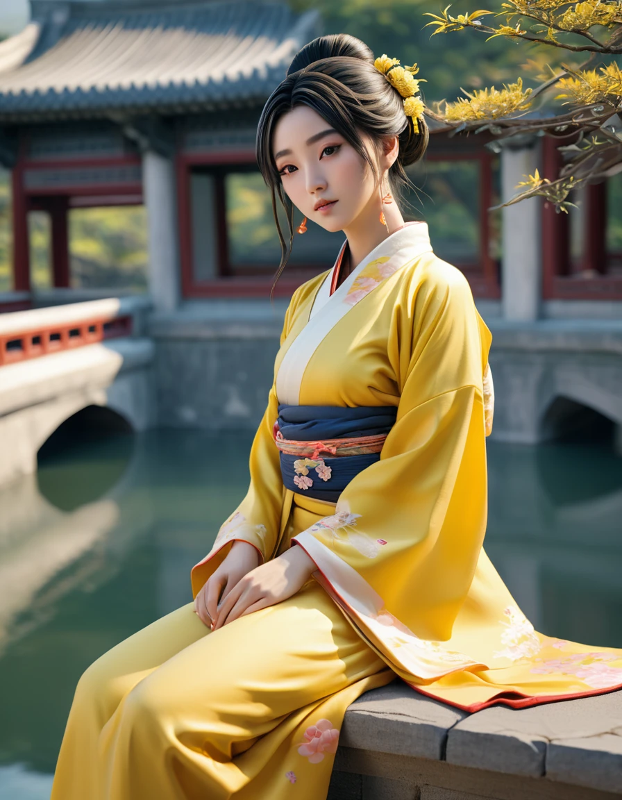 Araffa woman in yellow kimono sits on ledge, palace , Girl from Hanfu, realistic anime 3d style, work in Guweiz style, Beautiful character art, 3D anime realistic, trending on cgstation, 3d in anime style, wearing ancient Chinese clothing, Chinese, Artgerm and Atey Gaylan