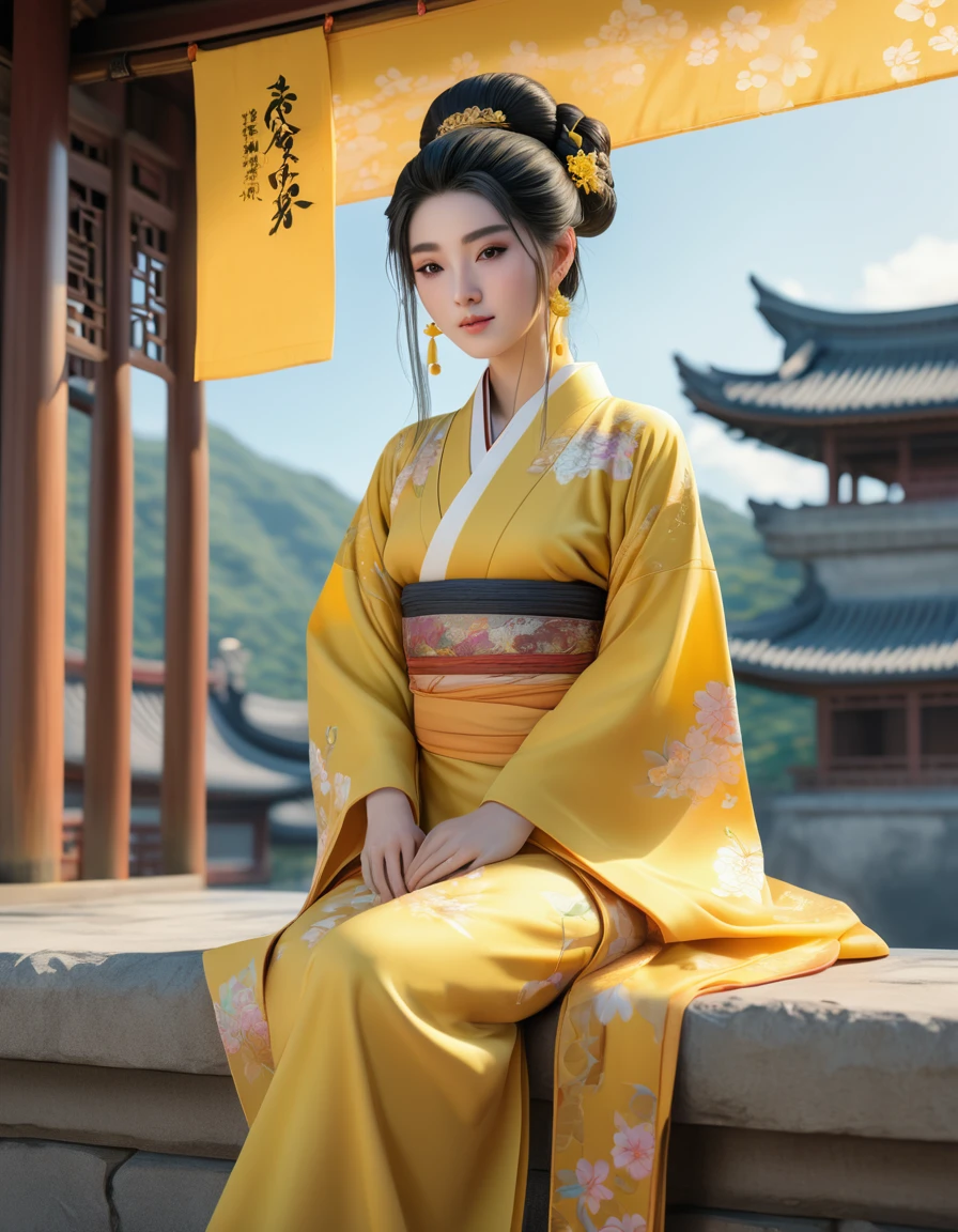 Araffa woman in yellow kimono sits on ledge, palace , Girl from Hanfu, realistic anime 3d style, work in Guweiz style, Beautiful character art, 3D anime realistic, trending on cgstation, 3d in anime style, wearing ancient Chinese clothing, Chinese, Artgerm and Atey Gaylan