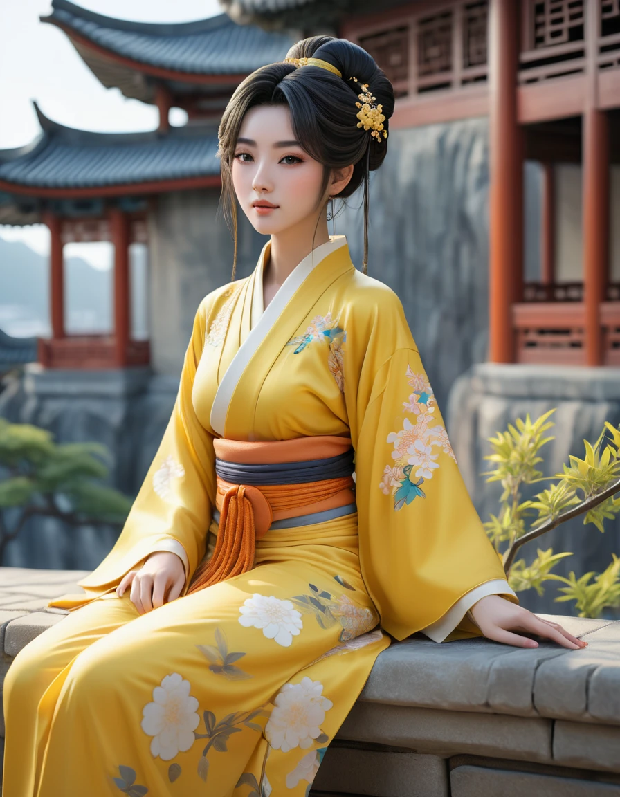 Araffa woman in yellow kimono sits on ledge, palace , Girl from Hanfu, realistic anime 3d style, work in Guweiz style, Beautiful character art, 3D anime realistic, trending on cgstation, 3d in anime style, wearing ancient Chinese clothing, Chinese, Artgerm and Atey Gaylan