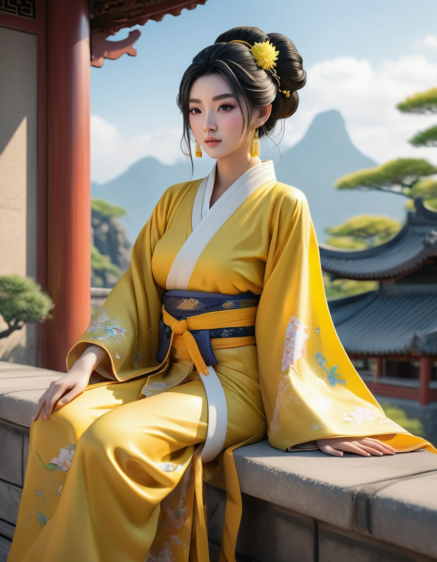 Araffa woman in yellow kimono sits on ledge, palace ， Girl from Hanfu, realistic anime 3d style, work in Guweiz style, Beautiful character art, 3D anime realistic, trending on cgstation, 3d in anime style, wearing ancient Chinese clothing, Chinese, Artgerm and Atey Gaylan