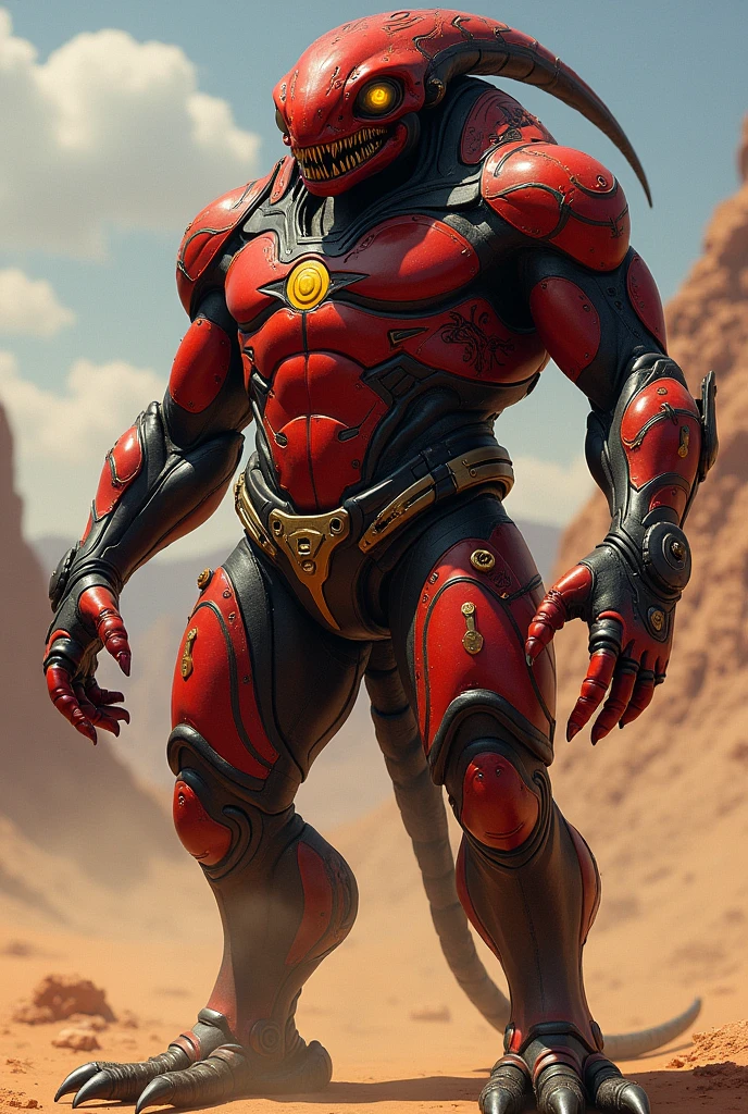 **age:** 400 years old (Considered middle-aged in his species)
**height:** 2.8 meters
**รูปร่างหน้าeye:**
- **Skin color:** Deep red with black patterns that shimmer like those of the sun.
- **eye:** eyeขนาดใหญ่เป็นสีเหลืองทอง มีรูม่านeyeที่เป็นเส้นโค้งคล้ายกับรูปดวงอาทิตย์
- **mouth:** mouthกว้างและแหลม มีฟันแหลมคมที่เหมาะกับการฉีกกินอาหาร
- **arm:** armยาวและมีกล้ามเนื้อที่แข็งแรง มีห้าปลายนิ้วที่เป็นกรงเล็บทรงพลัง
- **leg:** legมีลักษณะคล้ายสัตว์เลื้อยคลาน แข็งแรงและสามารถปรับตัวให้เหมาะกับการเคลื่อนที่ในภูมิประเทศที่ร้อนจัด
มีชุดเกราะที่สร้างด้วยเทคโนโลยีล้ำสมัย
**Personality:**
Xelrion เป็นบุคคลที่มีท่าทีฉลาดและค่อนข้างเจ้าเล่ห์ เlegมักใช้ความสามารถในการโกงและการเจรจาเพื่อผลประโยชน์ส่วนตัว เlegมีความชำนาญในการใช้เทคโนโลยีและมักจะใช้ความรู้เหล่านี้ในการควบคุมสถานการณ์ให้ได้eyeมที่เlegต้องการ แม้จะมีความคิดริเริ่มที่ดี แ