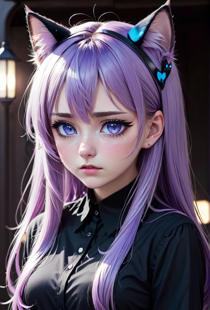 1girl, cat ears, long hair, bangs, light purple hair, gorgeous blue eyes, eyeliner, long lashes, collar, black shirt, sad, crying, tears