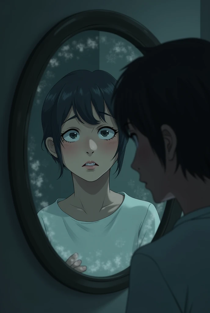 Animate a person looking in the mirror and being anxious of their physical appearance add more effects