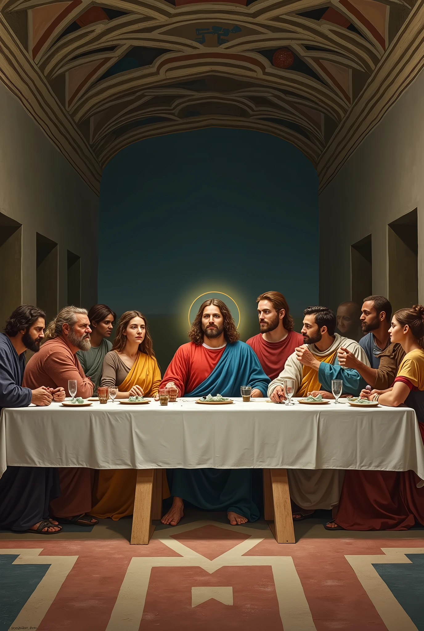 "the last supper" reinterpreted: A long table with 13 people of different backgrounds and ages sharing a meal, with a background inspired by the aesthetics of "the last supper", symbolizing communion and divine presence in human coexistence, without losing the aesthetics of Renaissance arts.