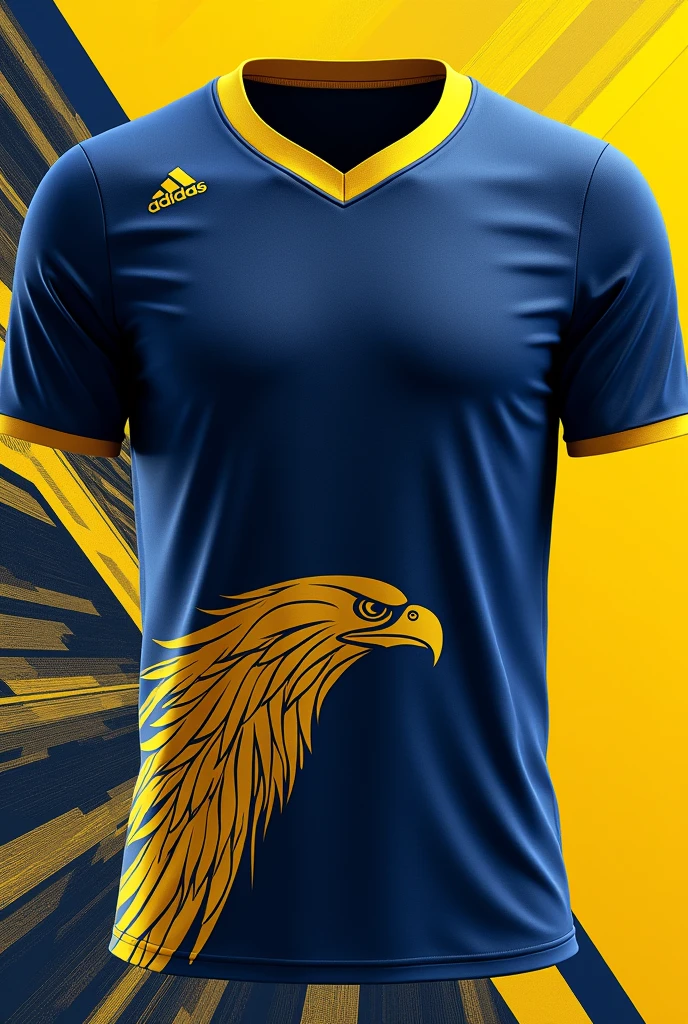 Create a sports jersey of the city of Atlanta with dark blue and yellow colors and very detailed., and with a geometric eagle in the lower corner of it, detailed but not too extravagant
