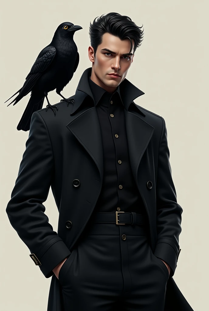 (Photorealism:9.16), male,Tall,Realistic comic book style,Whitish,Elegant and handsome black hair and black eyes,Wear a black trench coat,Hands in pockets,There is a one-eyed crow on my shoulder