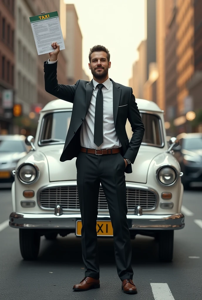 Create a taxi driver with a white taxi with the word taxi written on the door at the top of the sign, the person in front of the car with a winner's face holding a license paper in his hand, the car but away to the side