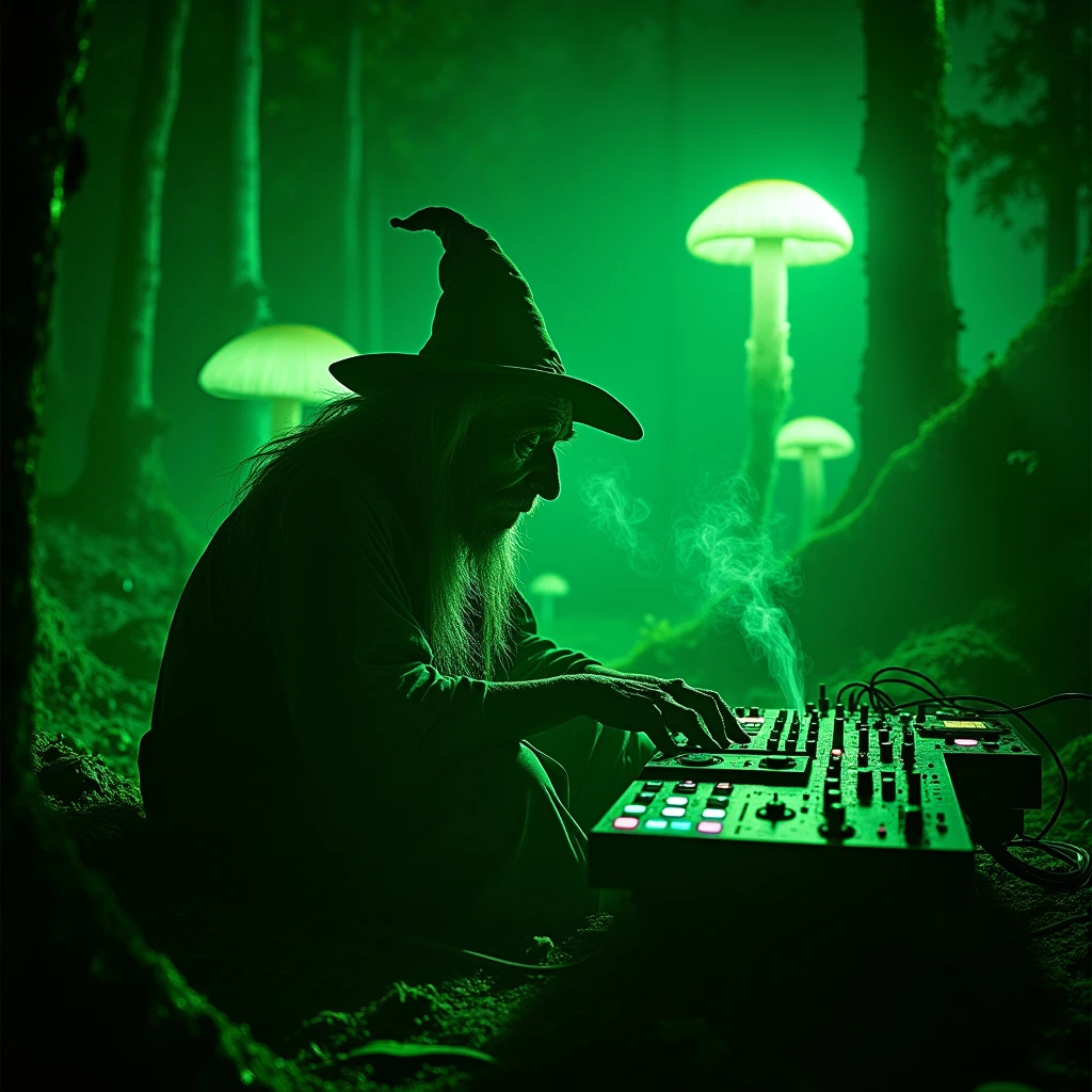 Nightvision footage of a goblin thats dressed like a wizard sitting in a shroomhouse in a shroomforest while smoking out of his herb vaporizer while playing on audio interfaces and dj pults in the night