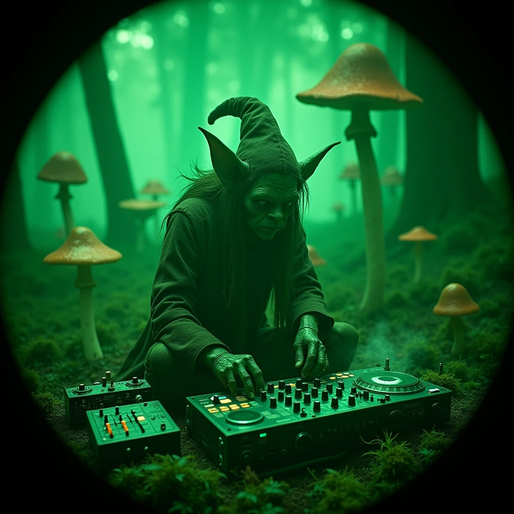 Nightvision footage of a goblin thats dressed like a wizard sitting in a shroomhouse in a shroomforest while smoking out of his herb vaporizer while playing on audio interfaces and dj pults in the night