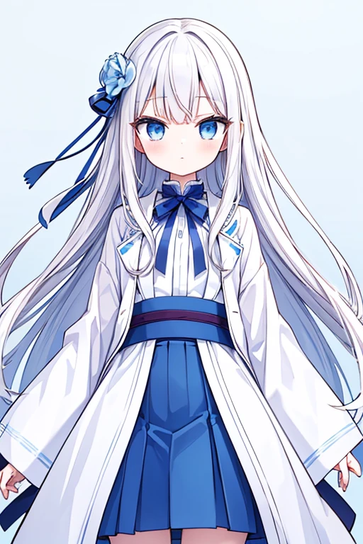 {{{masterpiece}}}, {{{best quality}}}, {{ultra-detailed}}, {illustration}, {{an extremely delicate and beautiful}},japanese high school student 1girl long straight white hair blue eyes skirt skyblue trench coat,{front}