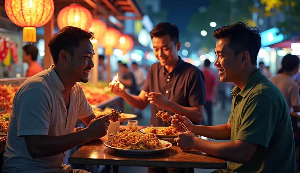 30 year old Cambodian man and 2 Malaysia man eat street food in Malaysia  night