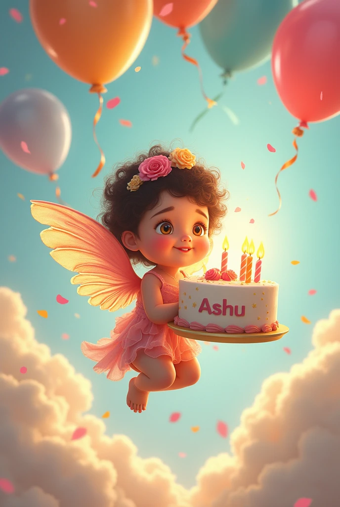 
Create a birthday cake with the name "Ashu" written on it. Candle on it and balloons. A  girl with wings sitting on it flying with cake from sky to earth. And bringing birthday celebrations and happiness.

