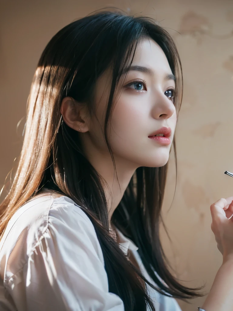 ((((best quality))))、(((Ultra-precision CG16K wallpaper)))、(((masterpiece)))、(((very detailed)))、(((super extreme detail)))、1people'girls、mature woman、2 female、((japanese face))、((very beautiful face))、((My Shiraishi:1.5))、((semi long straight hair:1.3、blunt bangs))、(shiny brown hair)、beautiful and delicate eyes、brown eyes、raised an eyebrow、high nose、small nostrils、small mouth、seductive lips、beautiful breasts、((C cup size breasts))、split、plump body、((A slim body type))、perfect proportions、complete anatomy、perfect composition、Beautiful detail shading、beautiful natural light、Light with beautiful details、Depth of recorded boundary、(((high saturation)))、(((really:1.9)))、((vivid:1.5))、((edge:1.6))、((beautiful skin))、((skin texture))、((reallyな皮膚感))、(((cowboy shot、femur:1.5)))、((overhead view:1.8))、((Open mouth and surprised face:1.4))、(eyes looking at me:1.5)、day bedroom、bright sunshine、natural light、(((Lie down on your back in bed:1.6)))、(Supine posture:1.5)、(((open front shirt_white clothes、panties_white clothes:1.6)))、((earring、wearing a necklace:1.3))、