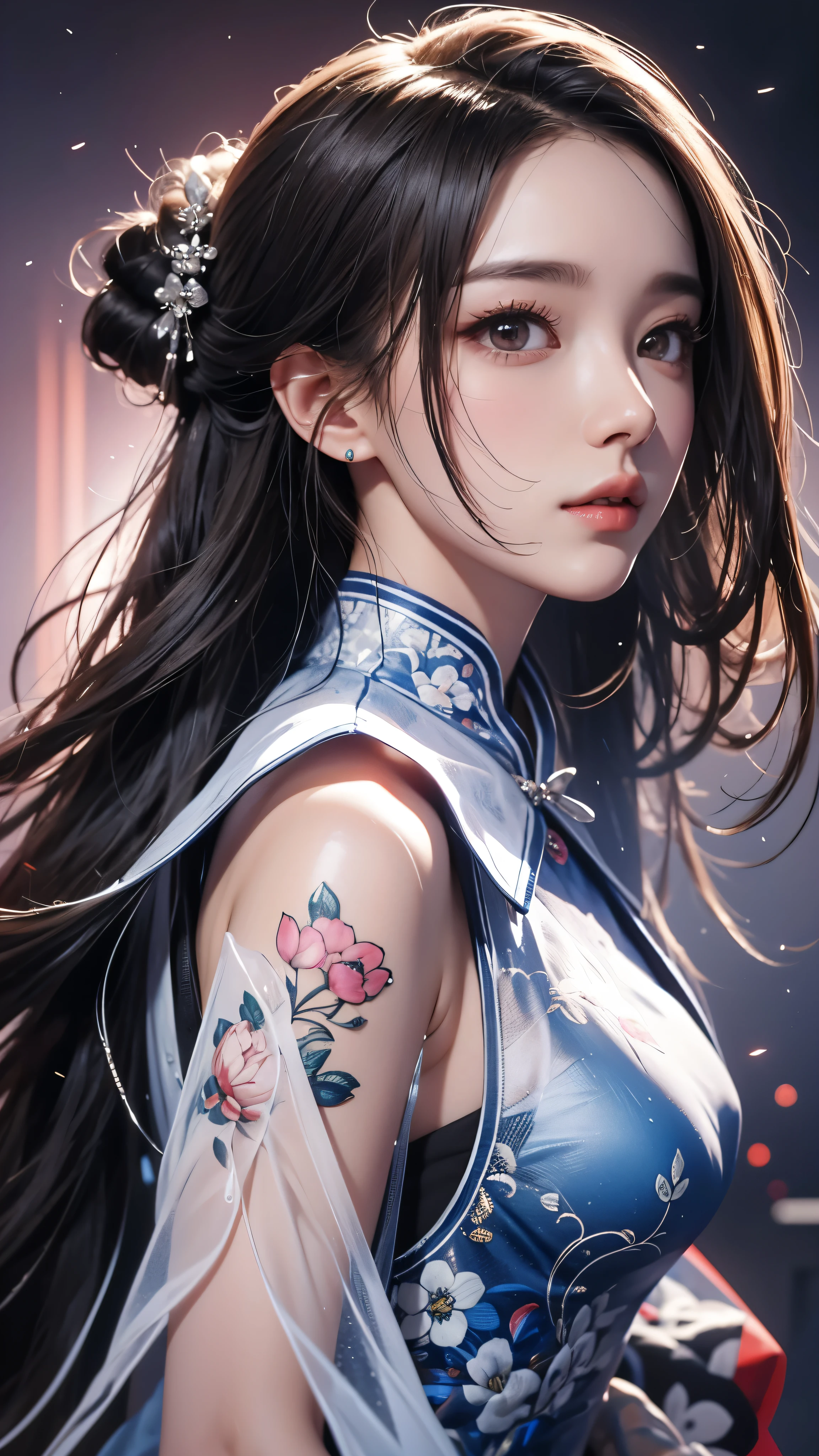 masterpiece, Highest quality, Very detailed, Facing the camera, Super detailed and complicated, Realistic, Sharp features, Very detailed, Sharp focus, Perfect Face, Perfect Face, Perfect symmetrical perfect eyes, Perfect Plump Lips, Flexible female form, cinematic, Film Light, Super detailed, hyper Realistic, masterpiece, Atmospheric, High resolution, Vibrant, Cheongsam Girl,Long Hair,Pure white background,Depth of written boundary,Low angle view,Calf Level View,Overclocked Renderer,Cinema Lighting,Ultra-fine,Very detailed,complicated,cinematic Perspective,CG Art,Side zipper