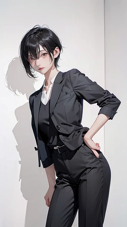 naked、nude、older sister、cool、slender、Black Hair,、Short Hair、In a suit、pants、
