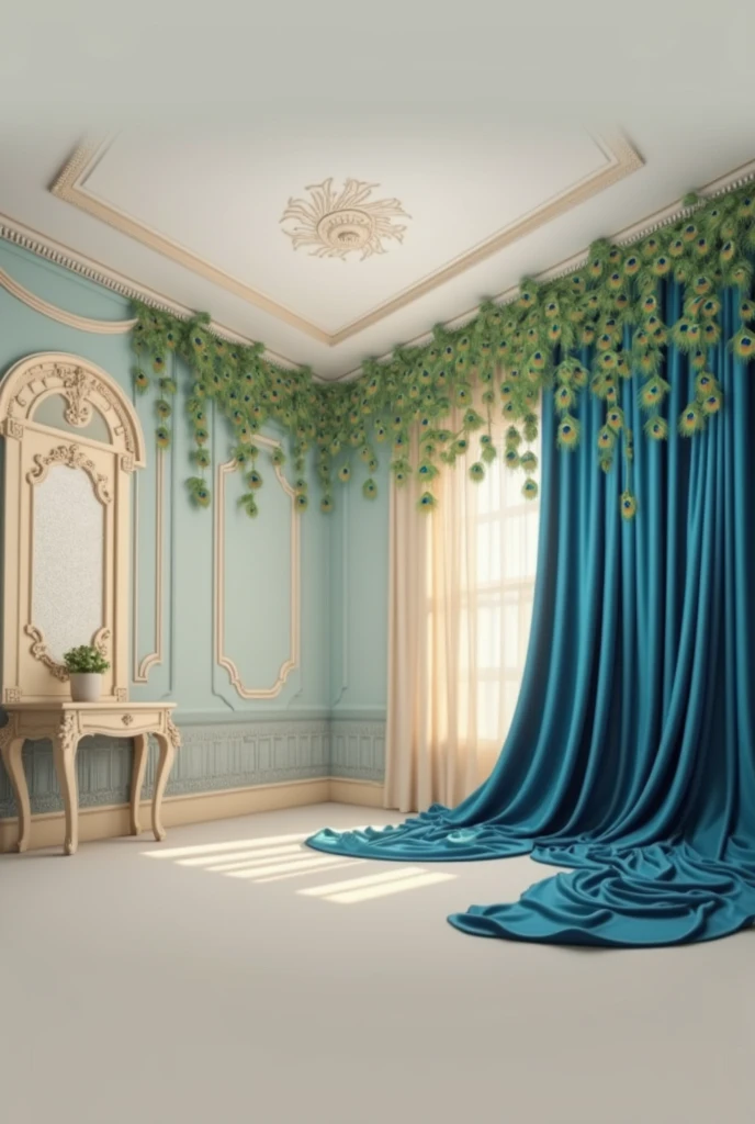 there is a blue curtain with peacock feathers hanging from it, digital art by artist, trending on shutterstock, baroque, stunning arcanum backdrop, teal studio backdrop, baroque style painting backdrop, ornate backdrop, cyan photographic backdrop, ballroom background, still life photo of a backdrop, portrait photo of a backdrop, photo studio background, peacock feathers