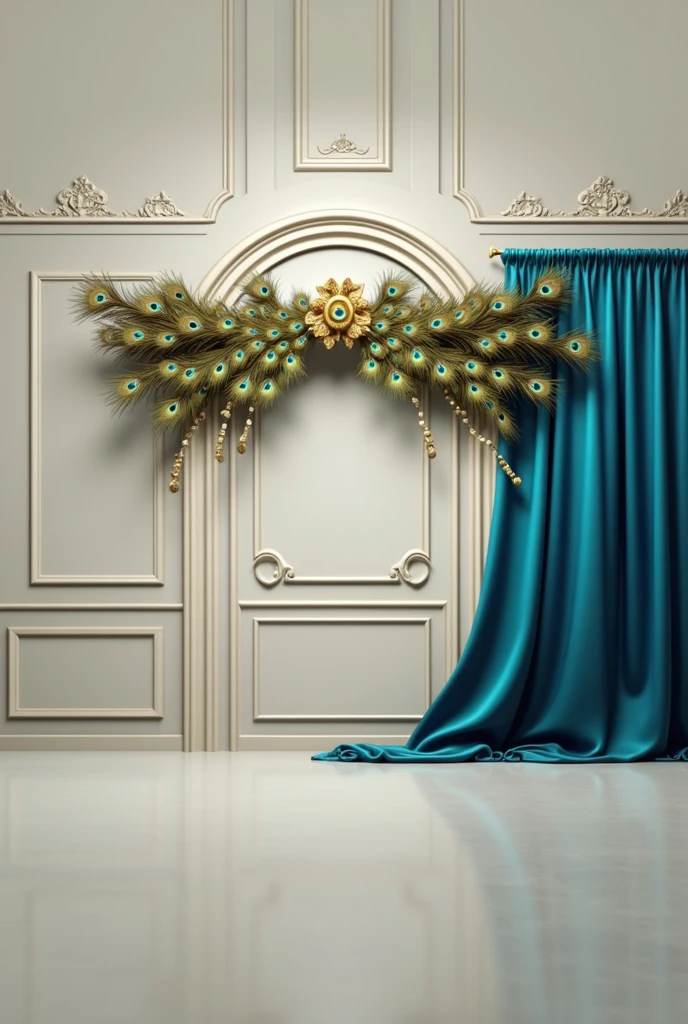 there is a blue curtain with peacock feathers hanging from it, digital art by artist, trending on shutterstock, baroque, stunning arcanum backdrop, teal studio backdrop, baroque style painting backdrop, ornate backdrop, cyan photographic backdrop, ballroom background, still life photo of a backdrop, portrait photo of a backdrop, photo studio background, peacock feathers