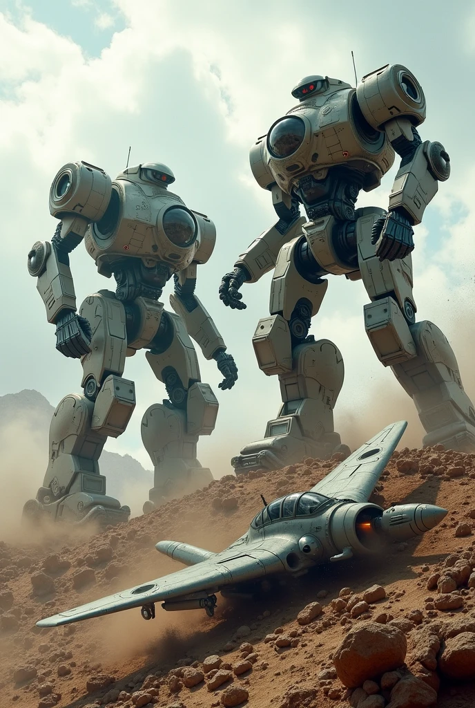 Create a image war robots battle field where 2 robots fighting each other one robot is on top of hill and other is down of the hill and beside of this robot half plane lying on the land create a image in perspective 3 point which was to draw this i just mentioned to you on top view