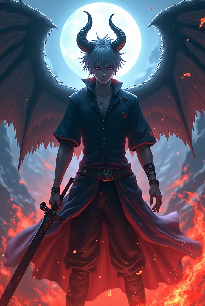 someone who has 2 sides of light and darkness, has the power of wind, fire and water, have sharinggan and rinengang eyes, have horns, medium body like a human, handsome and dashing, short hair,human ear, have wings, have a strong sword, has 3 strongest points, become a devil, body surrounded by strong aura